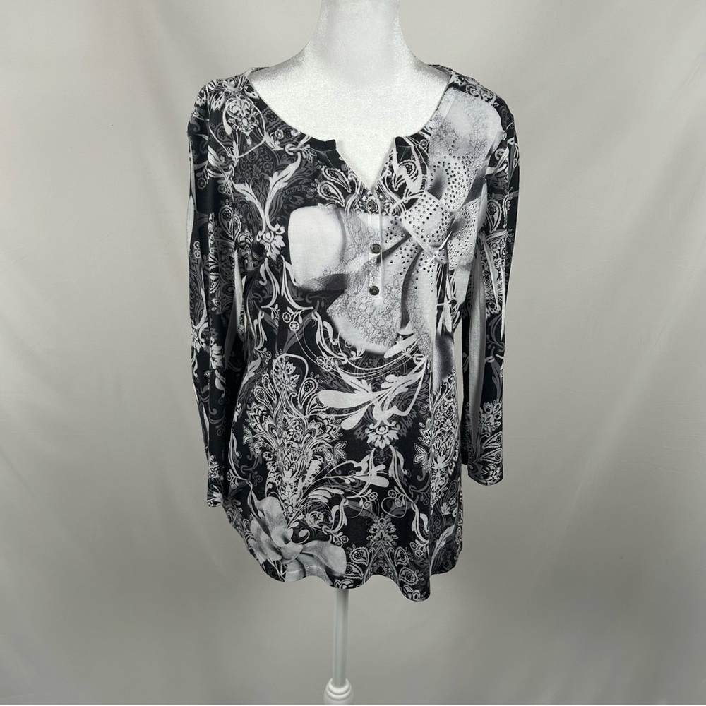Style & Co Black White 3/4 Sleeve Top Size Large